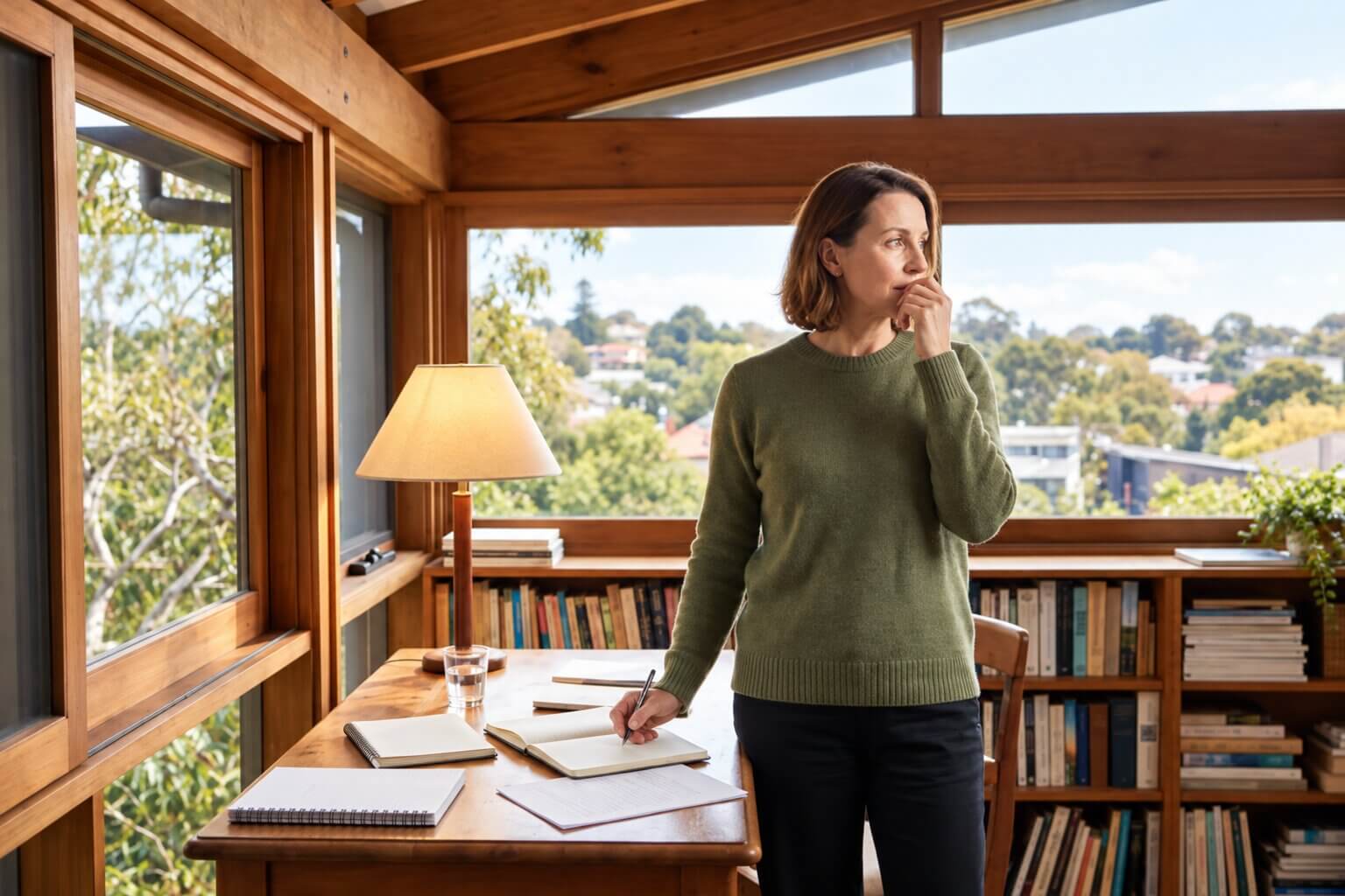 Midlife woman standing in a home office thinking beside her desk