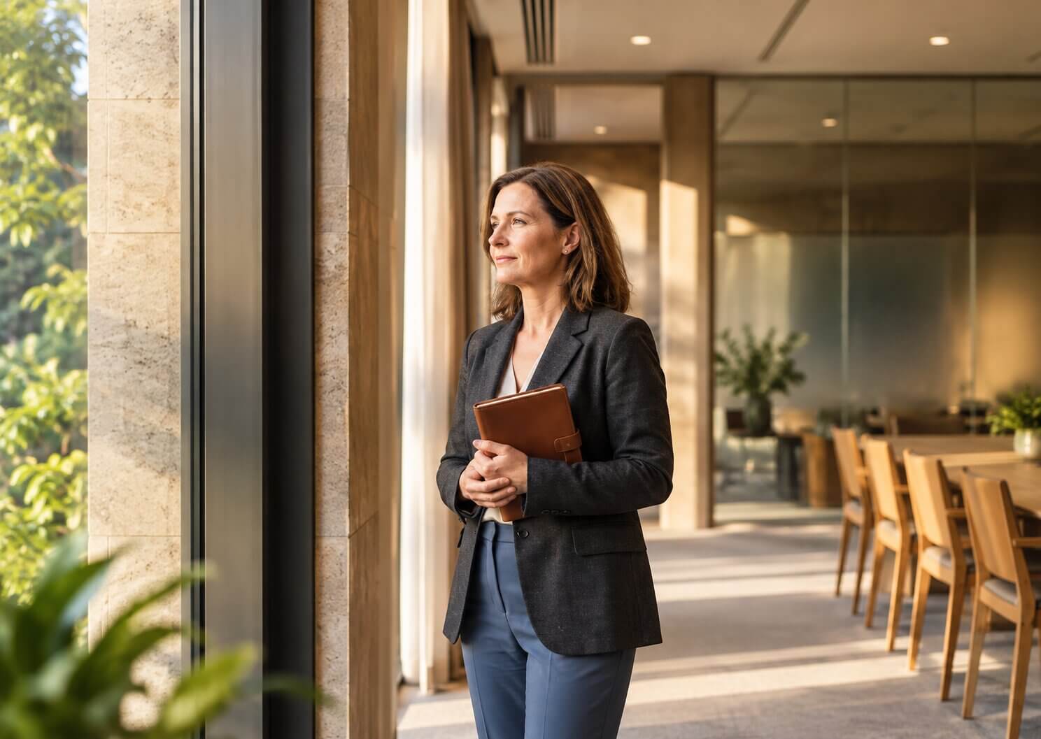 Professional midlife woman standing beside a window holding a notebook