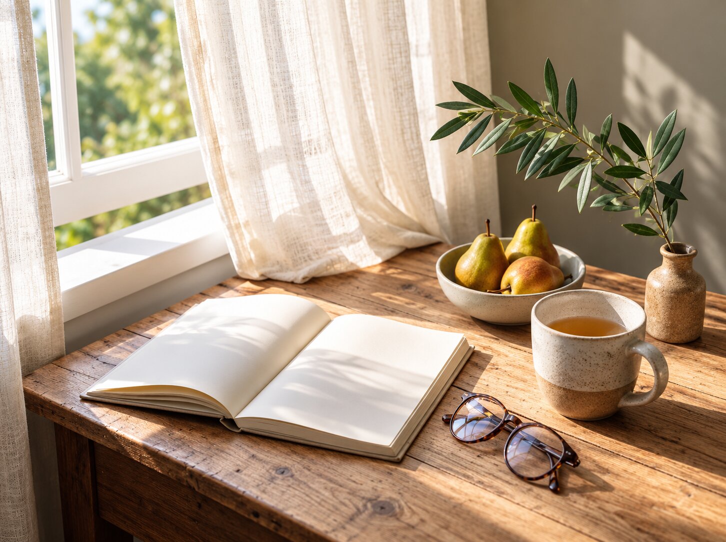 Notebook, glasses and tea beside a sunlit window