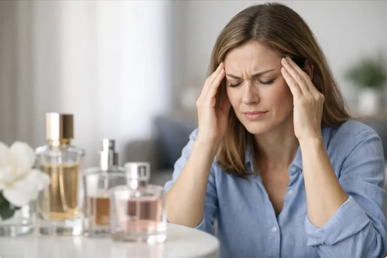 Woman experiencing a headache beside perfume bottles